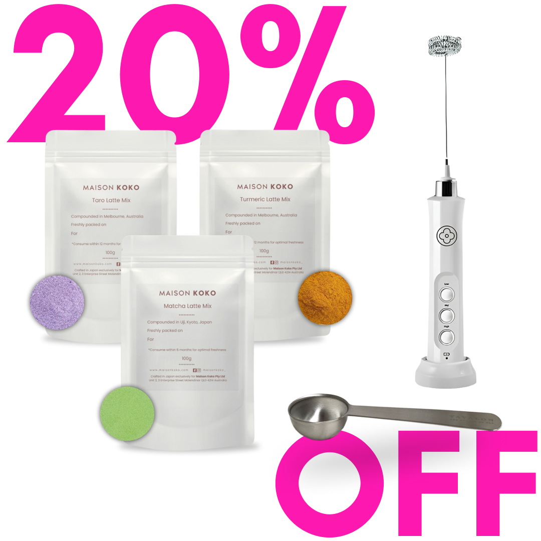 Maison Koko latte mix packets with a milk frother and measuring spoon