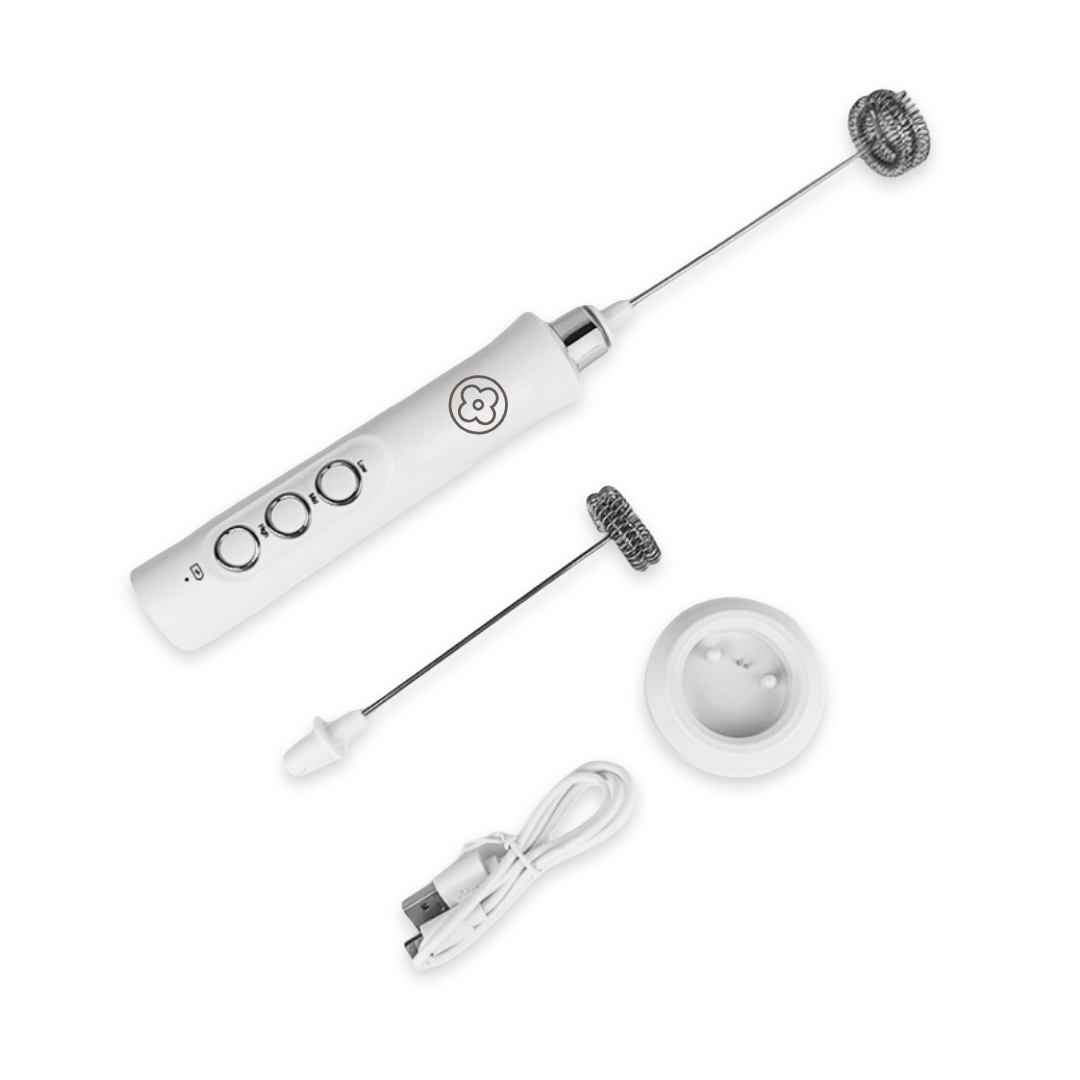 Electric Milk Frother Stick with Charging Stand (White)