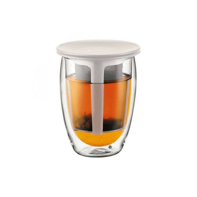 TEA FOR ONE Double Wall Glass 350ml with tea strainer (white)| Tavalon Tea Australia