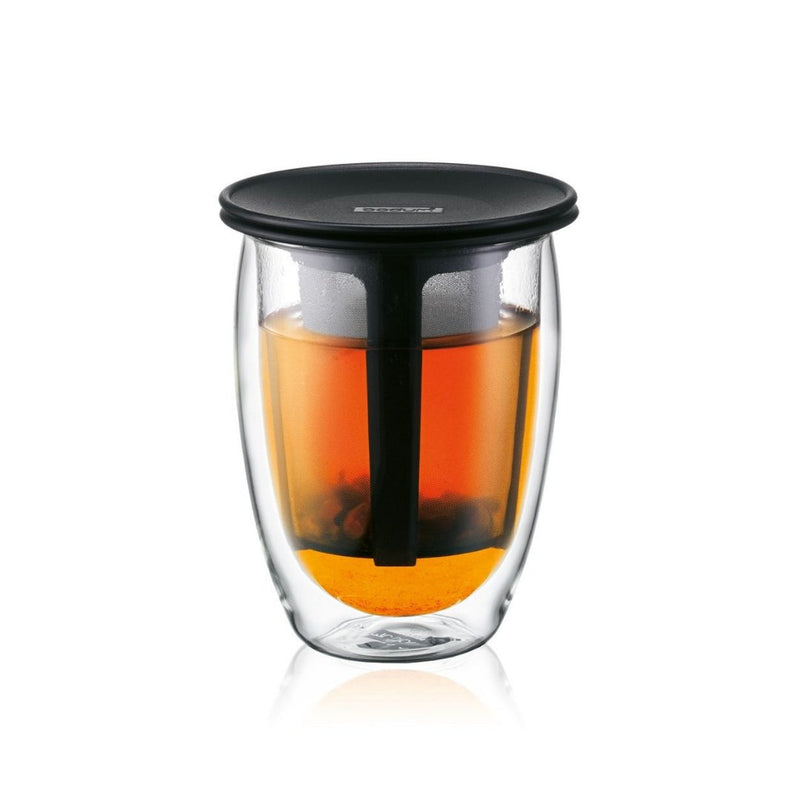 TEA FOR ONE Double Wall Glass 350ml with tea strainer black | Tavalon Tea Australia